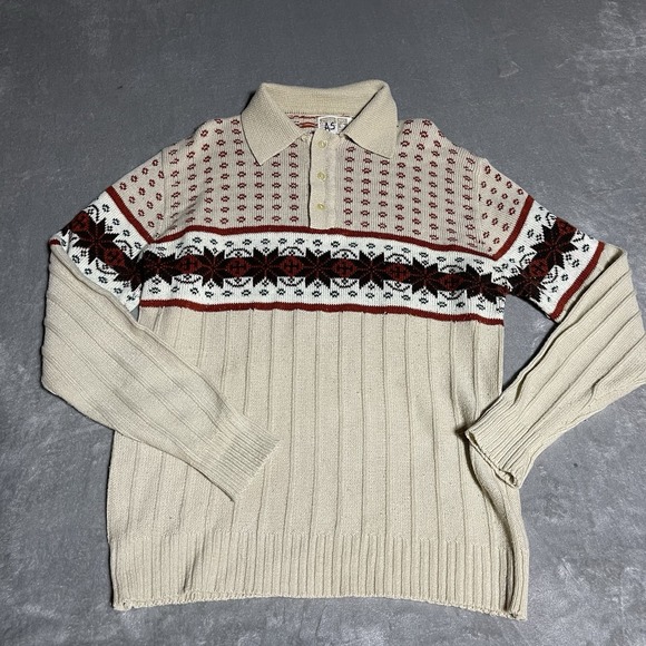 Montgomery Ward Vintage 1970s Sweater Dagger Collar Sweater Knit Polo Button - Picture 1 of 8